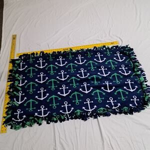 Handmade Dbl Fleece Tie Blanket Baby Crib Stroller Car Seat Green White Anchors